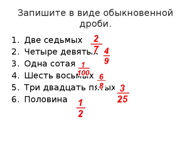 Запишите в виде обыкновенной дроби. Две седьмых Четыре девятых Одна сотая Шесть восьмых Три двадцать пятых Половина 