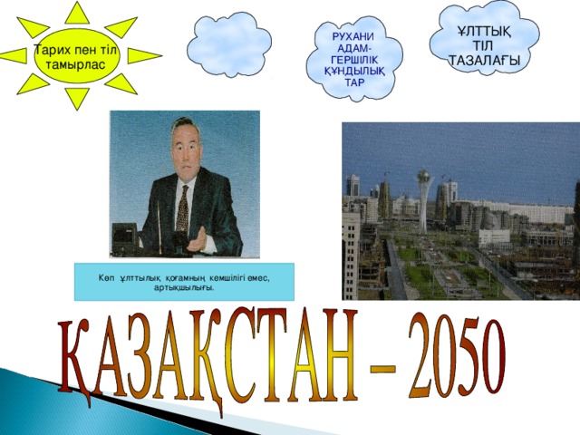ҰЛТТЫҚ ТІЛ ТАЗАЛАҒЫ Тарих пен тіл тамырлас РУХАНИ АДАМ- ГЕРШІЛІК ҚҰНДЫЛЫҚ ТАР Көп ұлттылық қоғамның кемшілігі емес, артықшылығы.  