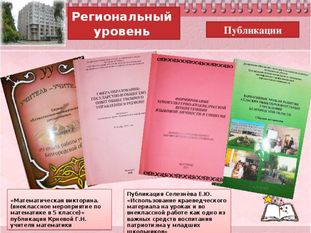 Региональный уровень Публикации Публикация Селезнѐва Е.Ю. «Использование краеведческого материала на уроках и во внеклассной работе как одно из важных средств воспитания патриотизма у младших школьников»   «Математическая викторина. (внеклассное мероприятие по математике в 5 классе)» публикация Крневой Г.Н. учителя математики  