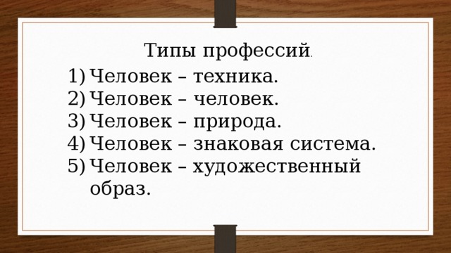 Типы профессий . Человек – техника. Человек – человек. Человек – природа. Человек – знаковая система. Человек – художественный образ. 