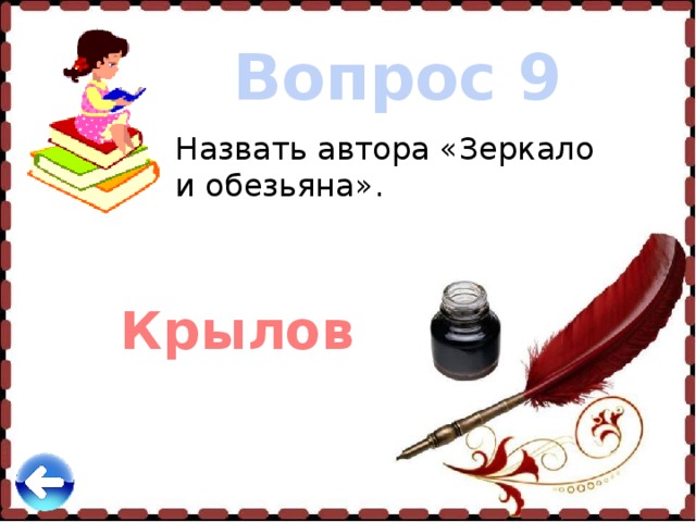 Вопрос 9 Назвать автора «Зеркало и обезьяна». Крылов 