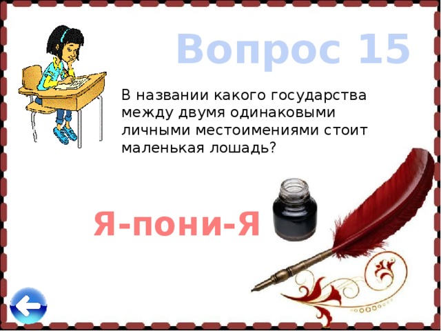 Вопрос 15 В названии какого государства между двумя одинаковыми личными местоимениями стоит маленькая лошадь? Я-пони-Я 