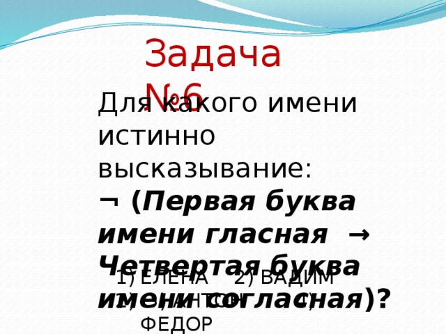 Задача №6 Для какого имени истинно высказывание: ¬ ( Первая буква имени гласная   →  Четвертая буква имени согласная )? ЕЛЕНА    2) ВАДИМ       3) АНТОН        4) ФЕДОР  