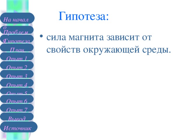 Гипотеза: На начало Проблема сила магнита зависит от свойств окружающей среды. Гипотеза План Опыт 1 Опыт 2 Опыт 3 Опыт 4 Опыт 5 Опыт 6 Опыт 7 Вывод Источники