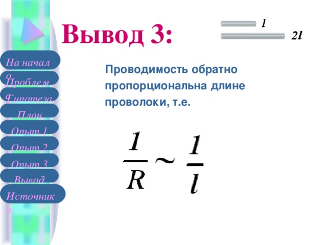 Вывод 3: На начало Проблема Гипотеза План Опыт 1 Опыт 2 Опыт 3 Вывод Источники
