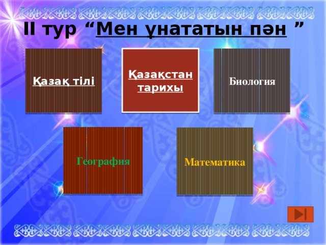 II тур “ Мен ұнататын пән ” Қазақ тілі Биология Қазақстан тарихы География Математика 