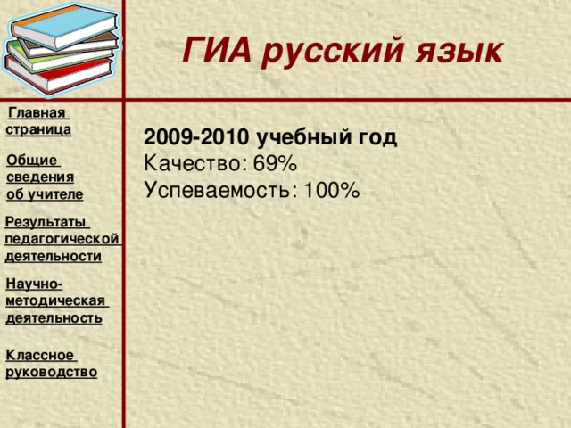 ЕГЭ литература Главная страница 2009-2010 учебный год Средний балл: 62 Общие сведения об учителе Результаты педагогической деятельности Научно- методическая деятельность Классное руководство  
