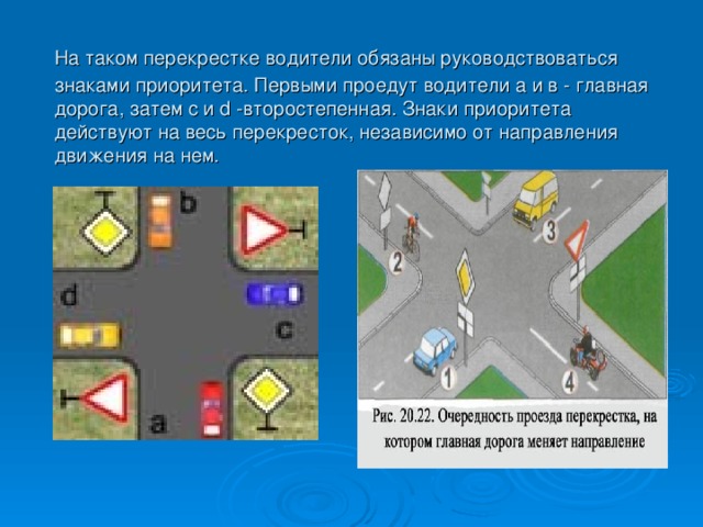 На таком перекрестке водители обязаны руководствоваться  знаками приоритета. Первыми проедут водители а и в - главная дорога, затем c и d -второстепенная. Знаки приоритета действуют на весь перекресток, независимо от направления движения на нем. 