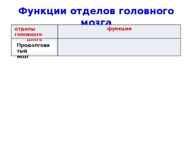 Функции отделов головного мозга функции отделы головного мозга Продолговатый мозг 