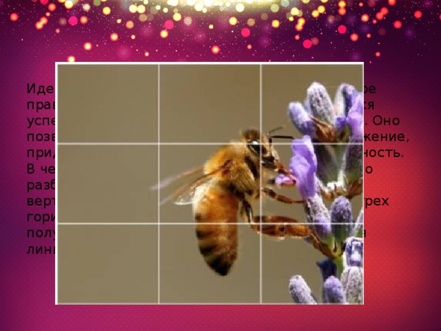 Идем далее. Существует очень старое и простое правило, позволяющее почти всегда добиваться успеха. Иногда его называют правилом третей . Оно позволяет гармонично сбалансировать изображение, придав ему динамику и визуальную естественность. В чем его смысл? Пространство кадра мысленно разбивается двумя горизонтальными и двумя вертикальными линиями на равные части. Из трех горизонтальных и трех вертикальных полос получается некая сетка с точками пересечения линий.  