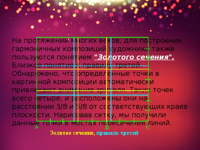 На протяжении многих веков, для построения гармоничных композиций художники также пользуются понятием  