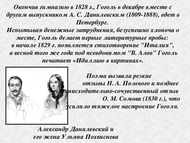 Окончив гимназию в 1828 г., Гоголь в декабре вместе с другим выпускником А. С. Данилевским (1809-1888), едет в Петербург. Испытывая денежные затруднения, безуспешно хлопоча о месте, Гоголь делает первые литературные пробы: в начале 1829 г. появляется стихотворение 