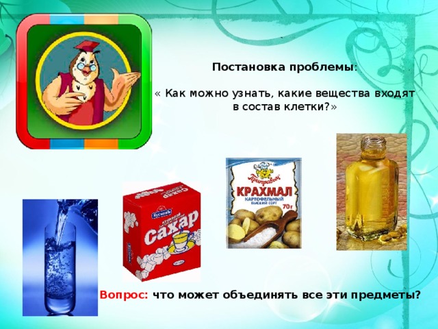 Постановка проблемы : « Как можно узнать, какие вещества входят в состав клетки?» Вопрос: что может объединять все эти предметы? 