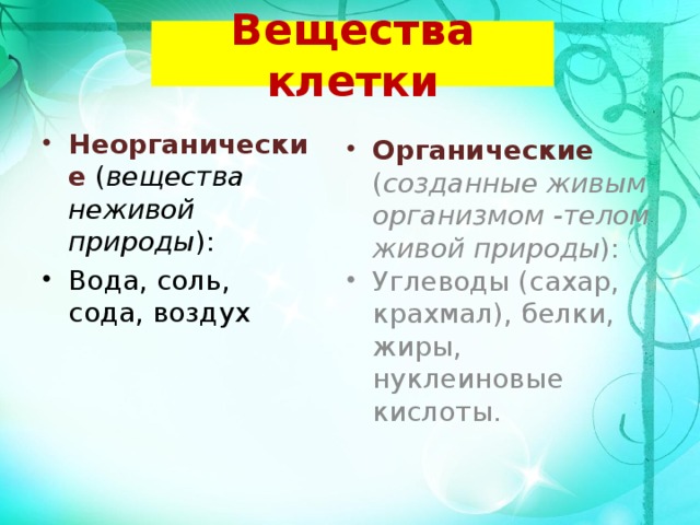 Вещества клетки Неорганические ( вещества неживой природы ): Органические ( созданные живым организмом -телом живой природы ): Вода, соль, сода, воздух Углеводы (сахар, крахмал), белки, жиры, нуклеиновые кислоты. 