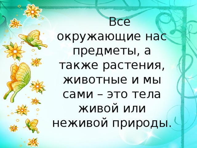  Все окружающие нас предметы, а также растения, животные и мы сами – это тела живой или неживой природы. 