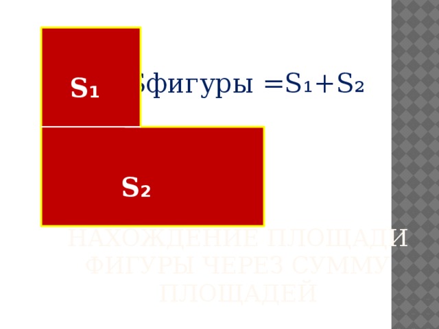 Sфигуры =S₁+S₂  S ₁ S ₂ Нахождение площади фигуры через сумму площадей 