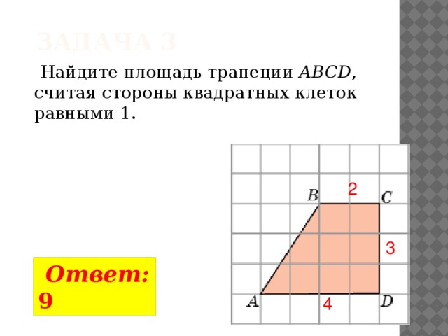 Задача 3  Найдите площадь трапеции ABCD , считая стороны квадратных клеток равными 1. 2 3  Ответ: 9 4 