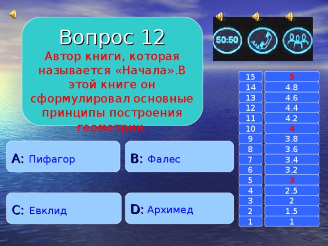 Вопрос 12 Автор книги, которая называется «Начала».В этой книге он сформулировал основные принципы построения геометрии. 15 5 14 4.8 4.6 13 4.4 12 4.2 11 10 4 3.8 9 A :  Пифагор B :  Фалес 8 3.6 7 3.4 3.2 6 3 5 2.5 4 C :  Евклид D :  Архимед 2 3 1.5 2 1 1 
