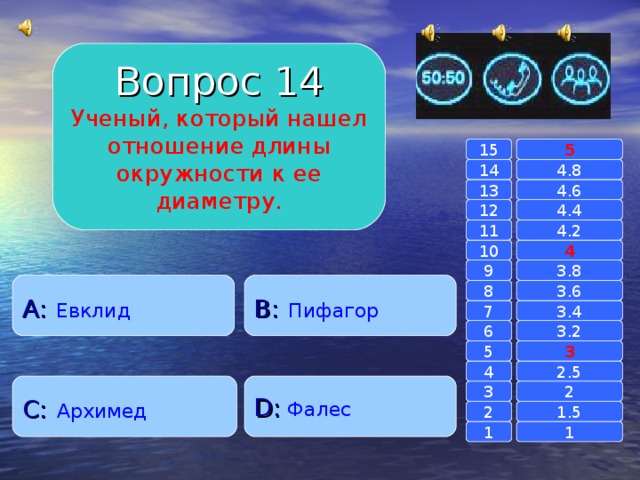 Вопрос 14 Ученый, который нашел отношение длины окружности к ее диаметру. 15 5 14 4.8 4.6 13 4.4 12 4.2 11 10 4 3.8 9 A :  Евклид B :  Пифагор 8 3.6 7 3.4 3.2 6 3 5 2.5 4 C :  Архимед D :  Фалес 2 3 1.5 2 1 1 