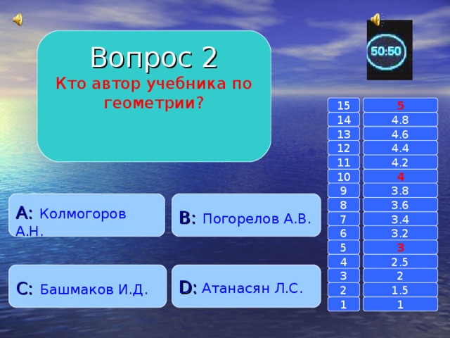 Вопрос 2 Кто автор учебника по геометрии? 15 5 14 4.8 4.6 13 4.4 12 11 4.2 4 10 9 3.8 A :  Колмогоров А.Н. B :  Погорелов А.В. 8 3.6 7 3.4 6 3.2 3 5 2.5 4 C :  Башмаков И.Д. D :  Атанасян Л.С. 2 3 1.5 2 1 1 
