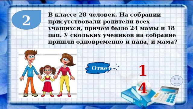 В классе 28 человек. На собрании присутствовали родители всех учащихся, причём было 24 мамы и 18 пап. У скольких учеников на собрание пришли одновременно и папа, и мама? 2 14 Ответ  