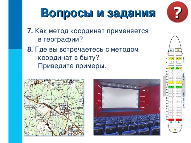 Вопросы и задания ? 7. Как метод координат применяется в географии? 8. Где вы встречаетесь с методом координат в быту?  Приведите примеры.