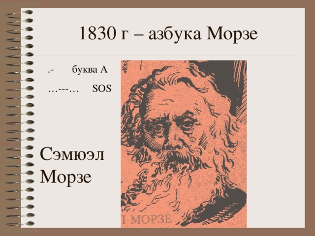 1830 г – азбука Морзе   .- буква А … ---…  SOS Сэмюэл Морзе 