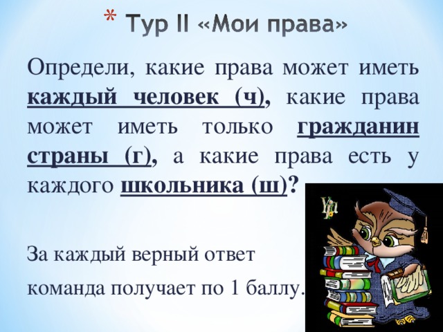 Определи, какие права может иметь  каждый человек (ч) , какие права может иметь только  гражданин страны (г) , а какие права есть у каждого  школьника (ш) ? За каждый верный ответ команда получает по 1 баллу. 