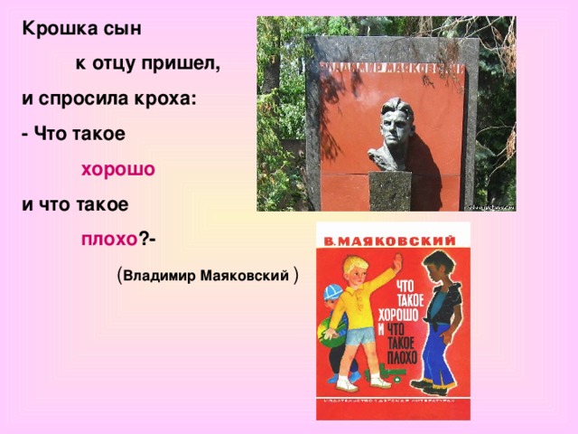 Крошка сын  к отцу пришел, и спросила кроха: - Что такое  хорошо и что такое  плохо ?- ( Владимир Маяковский ) 