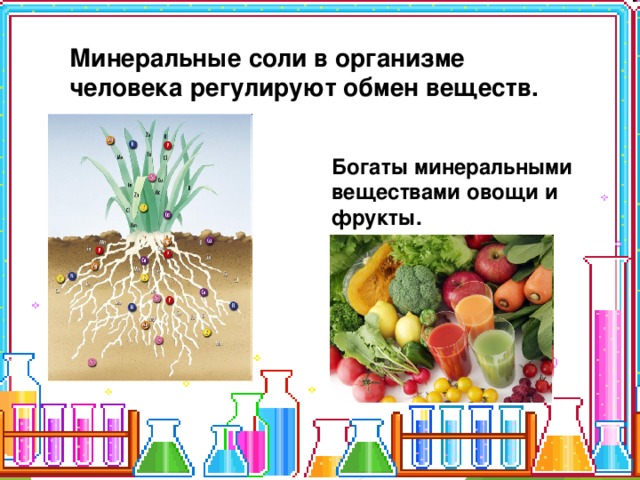 Минеральные соли в организме человека регулируют обмен веществ. Богаты минеральными веществами овощи и фрукты. 