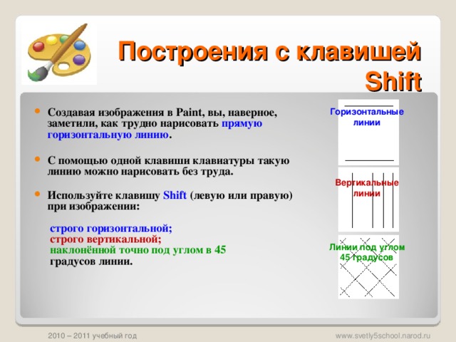 Построения с клавишей Shift Создавая изображения в Paint , вы, наверное, заметили, как трудно нарисовать прямую горизонтальную линию .   С помощью одной клавиши клавиатуры такую линию можно нарисовать без труда.   Используйте клавишу Shift (левую или правую) при изображении:    строго горизонтальной;   строго вертикальной;   наклонённой точно под углом в 45  градусов линии. Горизонтальные линии Вертикальные линии Линии под углом 45 градусов