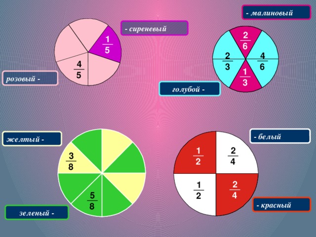 - малиновый -  сиреневый 2 1 6 5 4 2 4 6 3 1 5 розовый - 3 голубой - - белый желтый - 1 2 3 2 4 8 2 1 5 4 2 - красный 8 зеленый - 