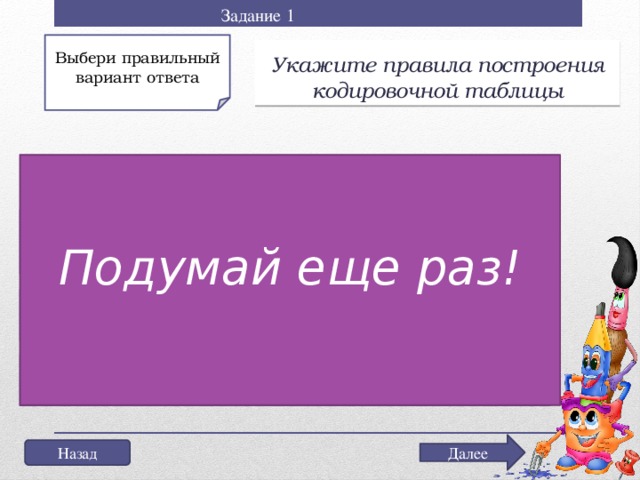 Задание 1 Выбери правильный вариант ответа Укажите правила построения кодировочной таблицы Не торопись выбрать ответ! Подумай еще раз! а) каждому символу присваивается только одно обозначение; б) каждому символу присваивается по 2 обозначения; в) каждому символу присваивается по несколько обозначений Далее Назад