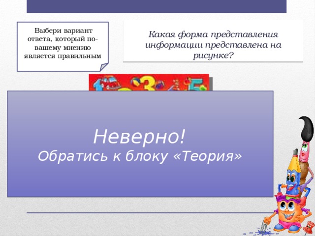 Какая форма представления информации представлена на рисунке?  Выбери вариант ответа, который по-вашему мнению является правильным Неверно! Обратись к блоку «Теория» а) Текст; б) Число