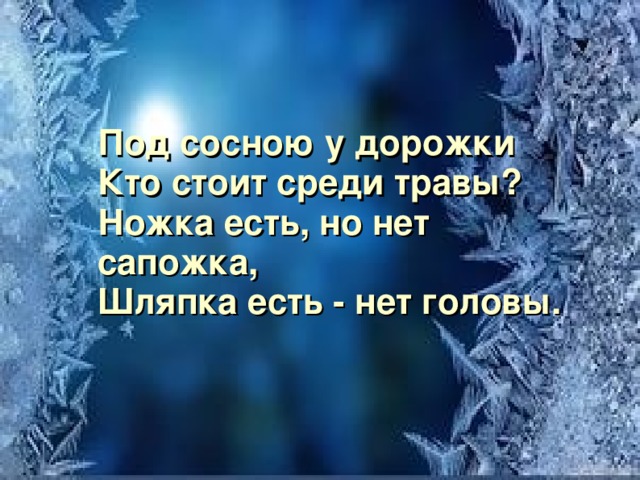 Под сосною у дорожки Кто стоит среди травы? Ножка есть, но нет сапожка, Шляпка есть - нет головы. 