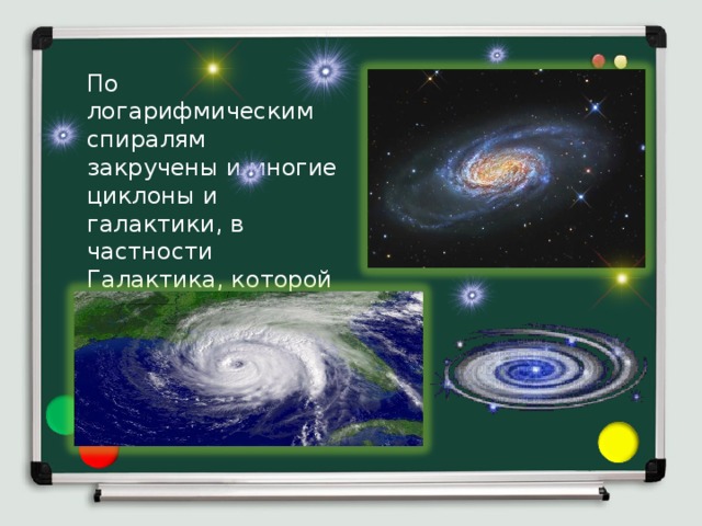 По логарифмическим спиралям закручены и многие циклоны и галактики, в частности Галактика, которой принадлежит Солнечная система. 