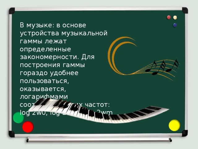 В музыке: в основе устройства музыкальной гаммы лежат определенные закономерности. Для построения гаммы гораздо удобнее пользоваться, оказывается, логарифмами соответствующих частот: log 2w0, log 2w1... log 2wm 