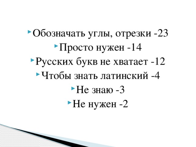 Обозначать углы, отрезки -23 Просто нужен -14 Русских букв не хватает -12 Чтобы знать латинский -4 Не знаю -3 Не нужен -2 