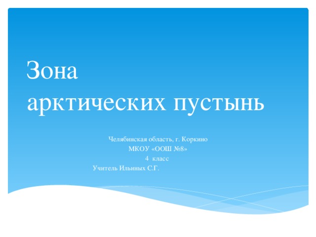 Зона  арктических пустынь Челябинская область, г. Коркино МКОУ «ООШ №8» 4 класс Учитель Ильиных С.Г.  