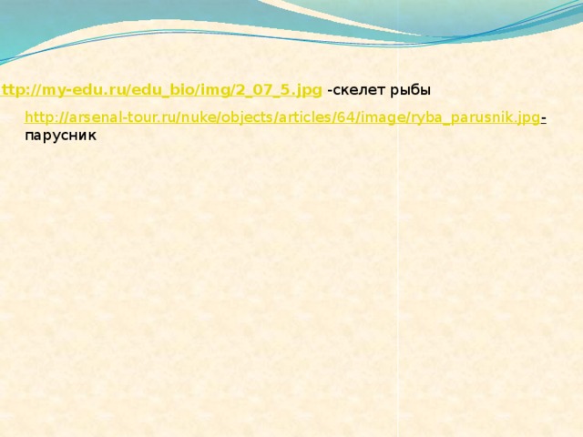 http://my-edu.ru/edu_bio/img/2_07_5.jpg  -скелет рыбы http://arsenal-tour.ru/nuke/objects/articles/64/image/ryba_parusnik.jpg -  парусник 