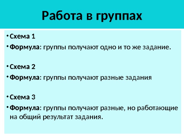 Работа в группах Схема 1 Формула: группы получают одно и то же задание. Схема 2 Формула: группы получают разные задания Схема 3 Формула: группы получают разные, но работающие на общий результат задания. 