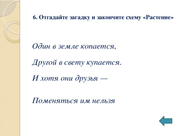 6. Отгадайте загадку и закончите схему «Растение» Один в земле копается, Другой в свету купается. И хотя они друзья — Поменяться им нельзя  