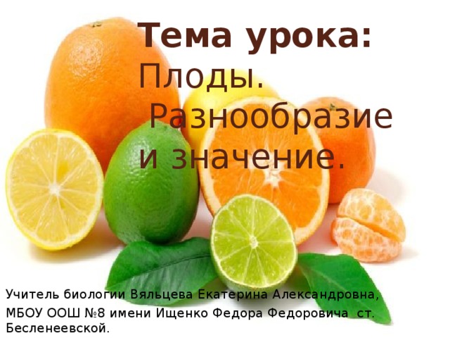 Тема урока: Плоды.  Разнообразие  и значение. Учитель биологии Вяльцева Екатерина Александровна, МБОУ ООШ №8 имени Ищенко Федора Федоровича ст. Бесленеевской. 