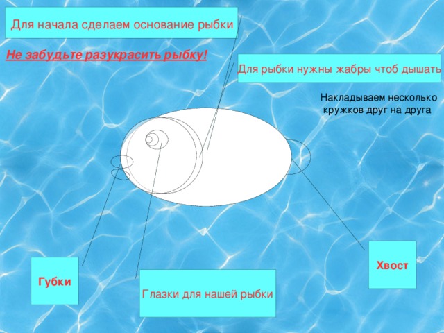 Для начала сделаем основание рыбки Не забудьте разукрасить рыбку! Для рыбки нужны жабры чтоб дышать Накладываем несколько  кружков друг на друга Хвост Губки Глазки для нашей рыбки