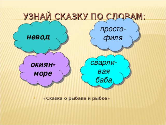 УЗНАЙ СКАЗКУ ПО СЛОВАМ: просто- филя невод   окиян- море сварли- вая баба «Сказка о рыбаке и рыбке» 