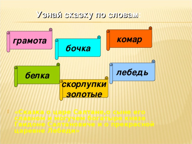 Узнай сказку по словам : комар грамота бочка лебедь белка скорлупки золотые «Сказка о царе Салтане,о сыне его славном и могучем богатыре князе Гвидоне Салтановиче и о прекрасной царевне Лебеди»  