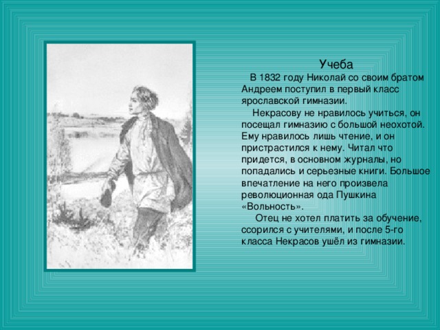 Учеба  В 1832 году Николай со своим братом Андреем поступил в первый класс ярославской гимназии.  Некрасову не нравилось учиться, он посещал гимназию с большой неохотой. Ему нравилось лишь чтение, и он пристрастился к нему. Читал что придется, в основном журналы, но попадались и серьезные книги. Большое впечатление на него произвела революционная ода Пушкина «Вольность».  Отец не хотел платить за обучение, ссорился с учителями, и после 5-го класса Некрасов ушёл из гимназии. 