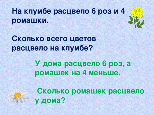 На клумбе расцвело 4 тюльпана 3 розы 2 ромашки нарисуй диаграмму