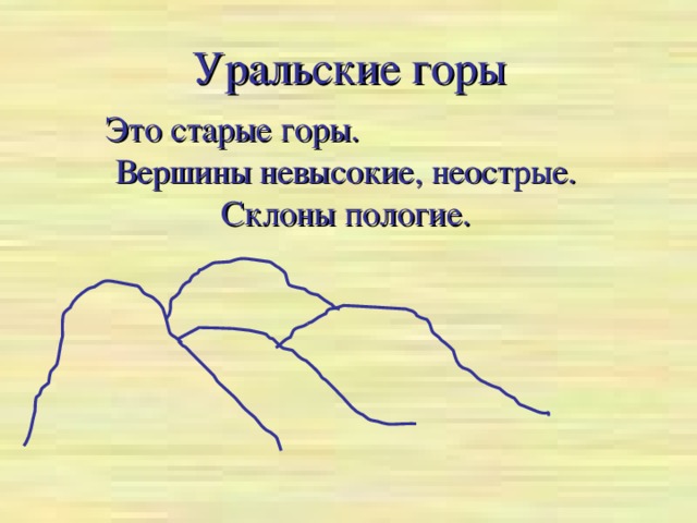 Уральские горы Это старые горы. Вершины невысокие, неострые. Склоны пологие.