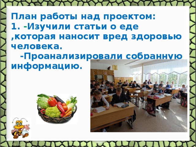 План работы над проектом: 1. - Изучили статьи о еде ,которая наносит вред здоровью человека.  -Проанализировали собранную информацию.  